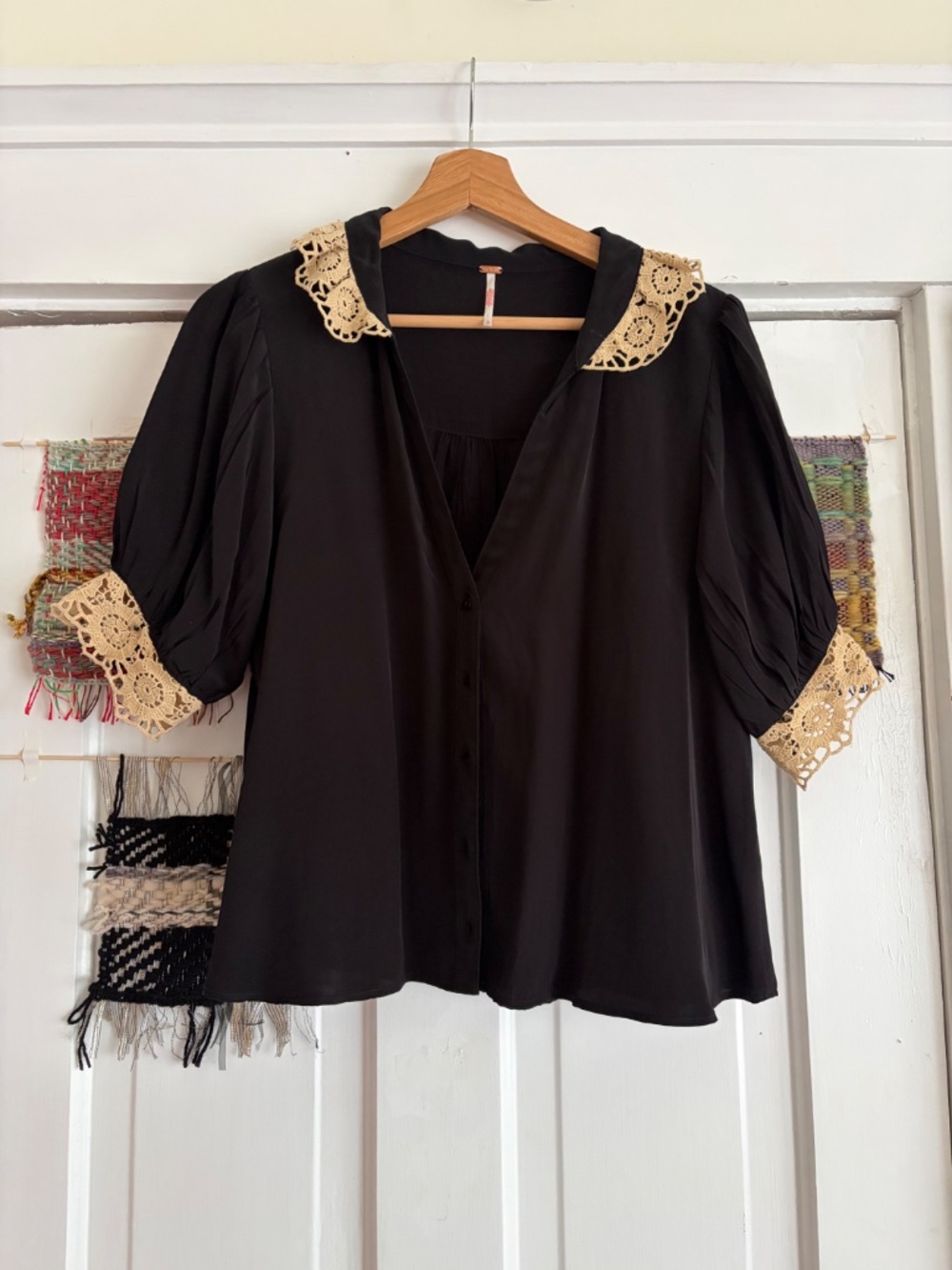 Free People short-sleeve black rayon blouse with cream lace collar cuffs